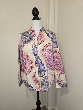 Chico's Paisley Button-Front Shirt in Cream, Pink & Blue
